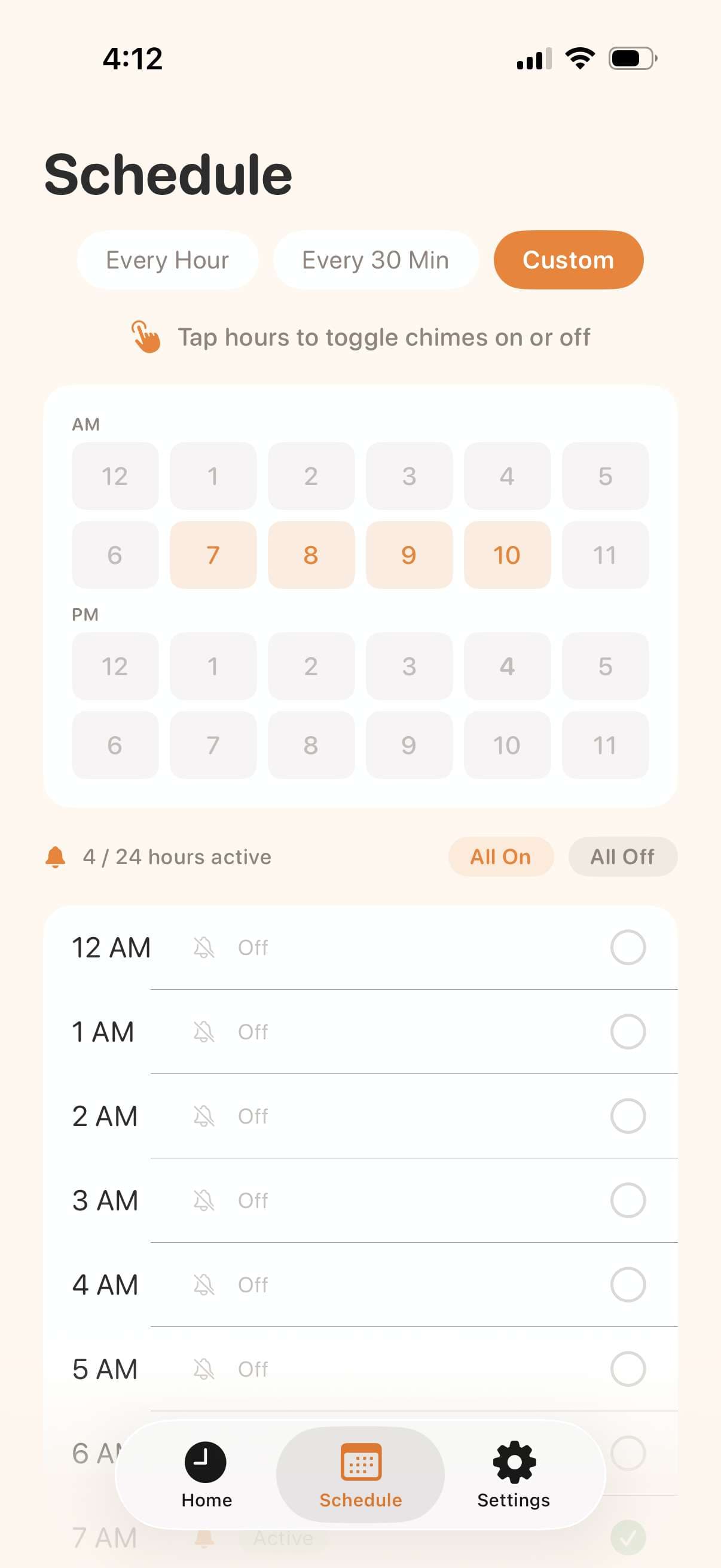 TimeAware schedule screen with custom active hours selected on an hour grid