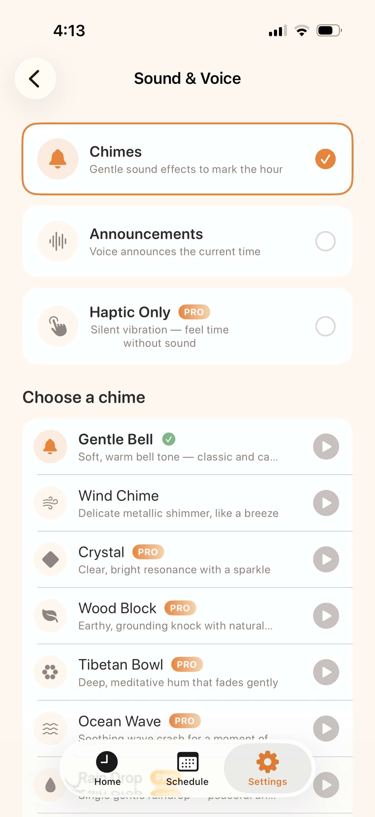 TimeAware sound and voice settings showing a list of selectable chimes