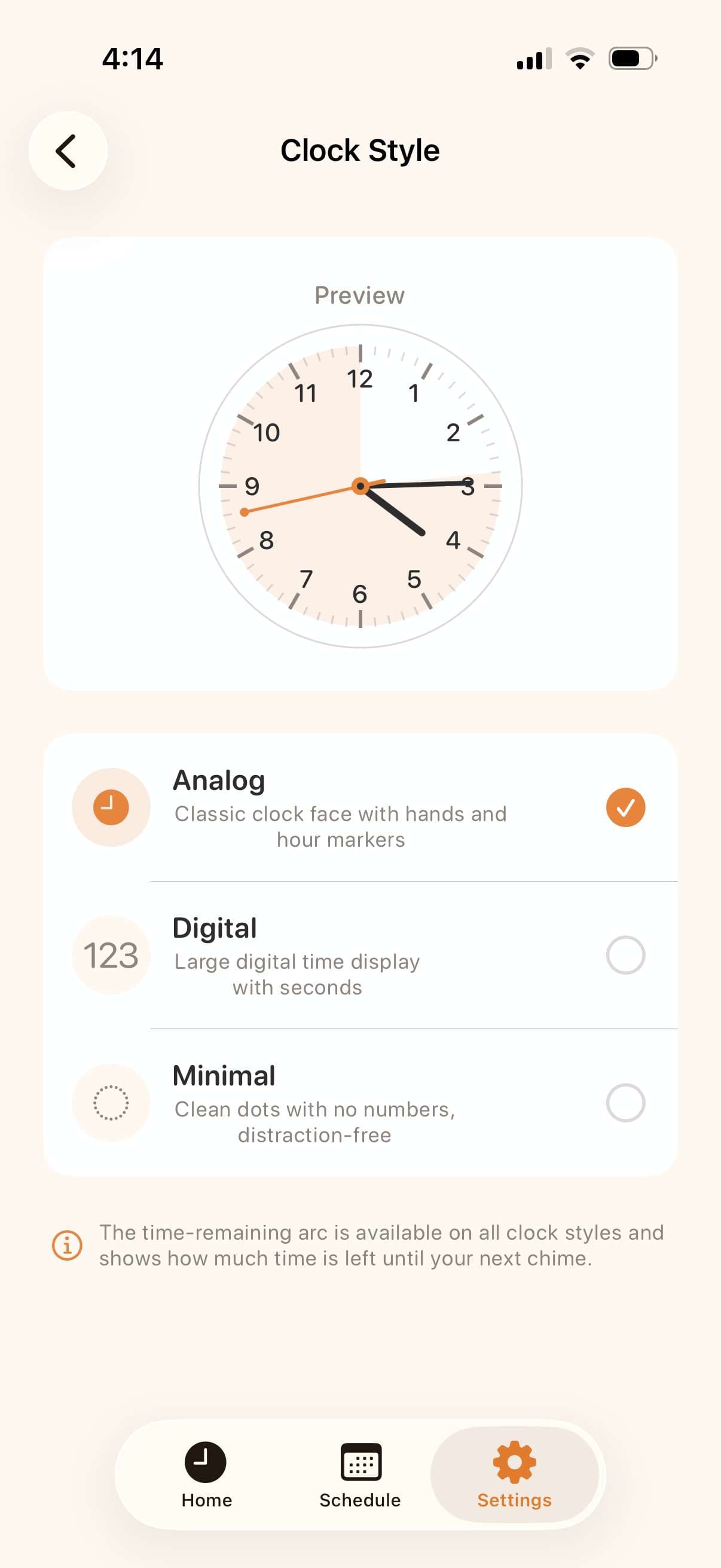 TimeAware home screen with an analog clock and time-remaining arc